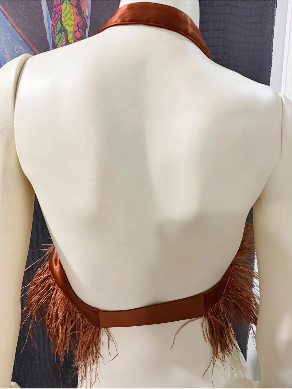 Satin Feather-Trim Halter Bandeau in Copper